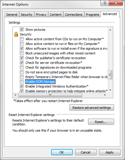Internet Options dialog