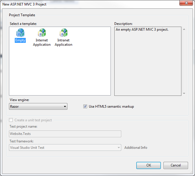 New MVC3 Project dialog